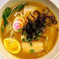 Curry Ramen · Pork Belly, bokchoy, beansprouts, soft boiled egg, sweet corn, Earwood mushroom, fish cake, ...
