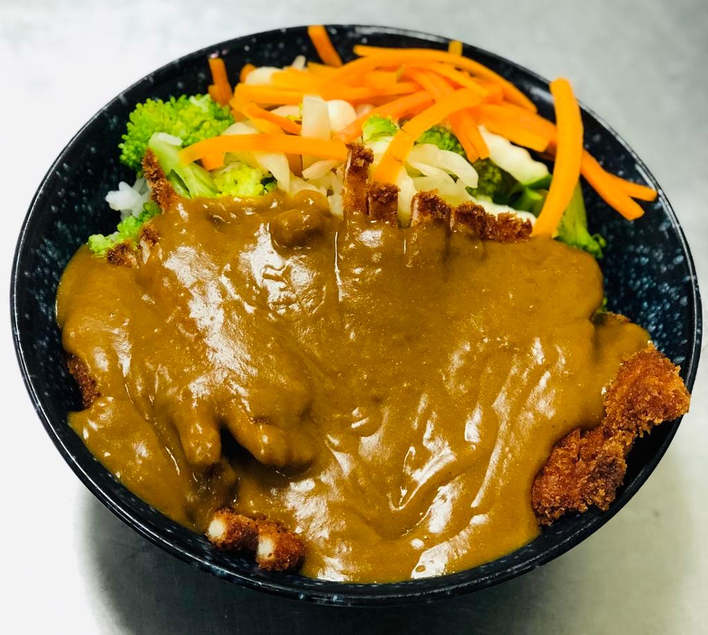 Chicken Katsu Curry Bowl · Breaded and fried chicken cutlet with assorted vegetables topped with Japanese curry sauce over steamed rice. Served with miso soup and house salad.