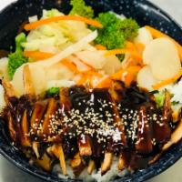 Grilled Chicken Rice Bowl · Grilled chicken breast and assorted vegetables over steamed rice. Served with miso soup and ...
