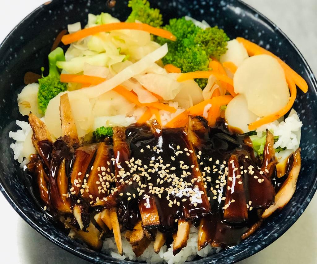 Grilled Chicken Rice Bowl · Grilled chicken breast and assorted vegetables over steamed rice. Served with miso soup and house salad. Gluten free option.
