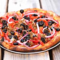 The Graduate Pizza · Pepperoni, sausage, ham, red onions, roasted peppers, olives and mozzarella cheese with mari...