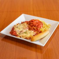 Chicken Parmigiana · 2 Parmesan-breaded chicken breasts are smothered with marinara sauce and melted cheeses. 