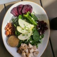 Spinach & Arugula Salad  · Grilled chicken, tart green apples, roasted beets, candied pecans, dried cherries, bleu chee...