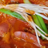 Bu Dae JjiGae · Army base stew. Ham and sausage stew with kimchi, tofu, rice cake and ramen noodles. Spicy.