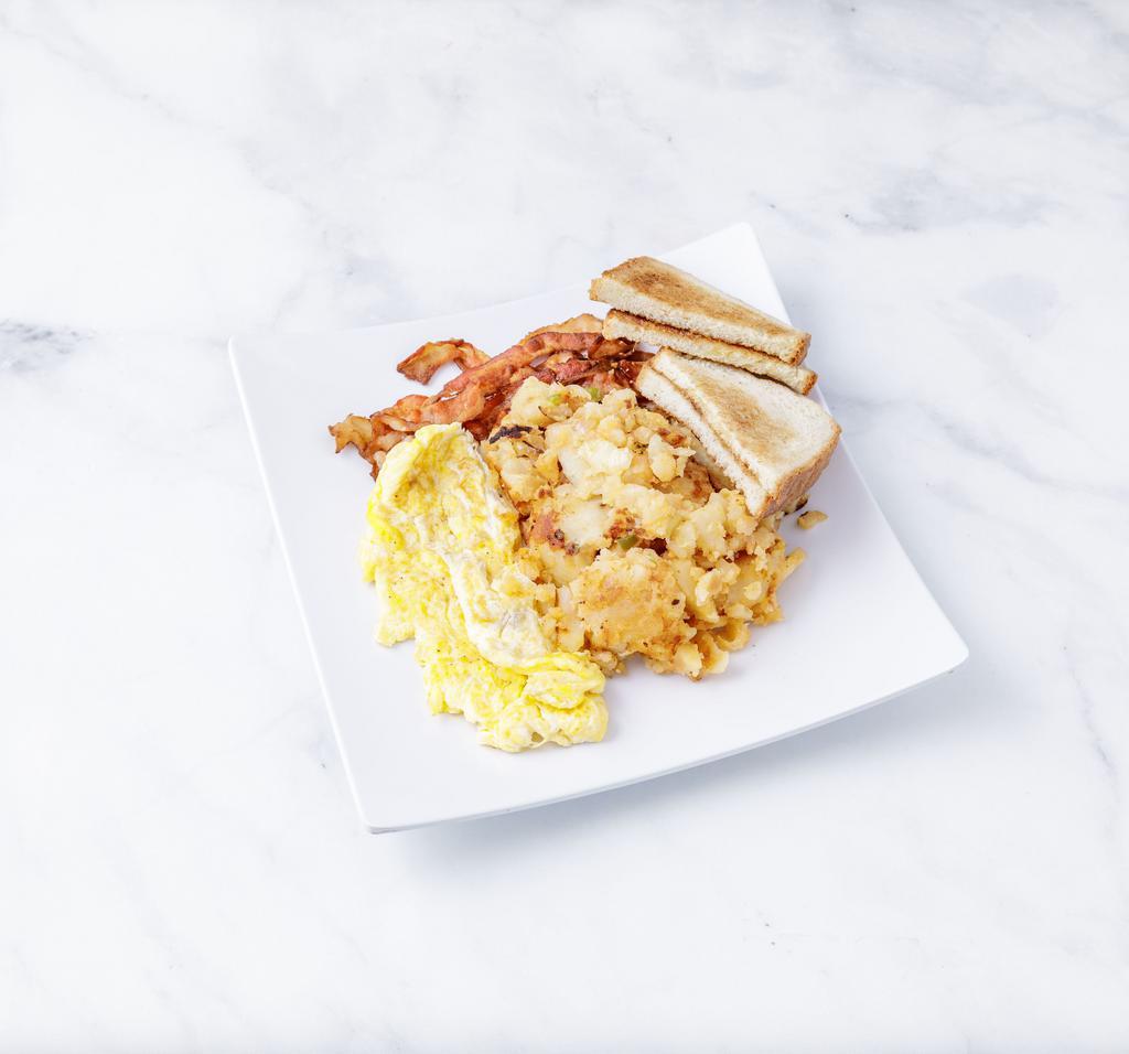 2 Eggs Any Style with Bacon · Served with home fries and toast.