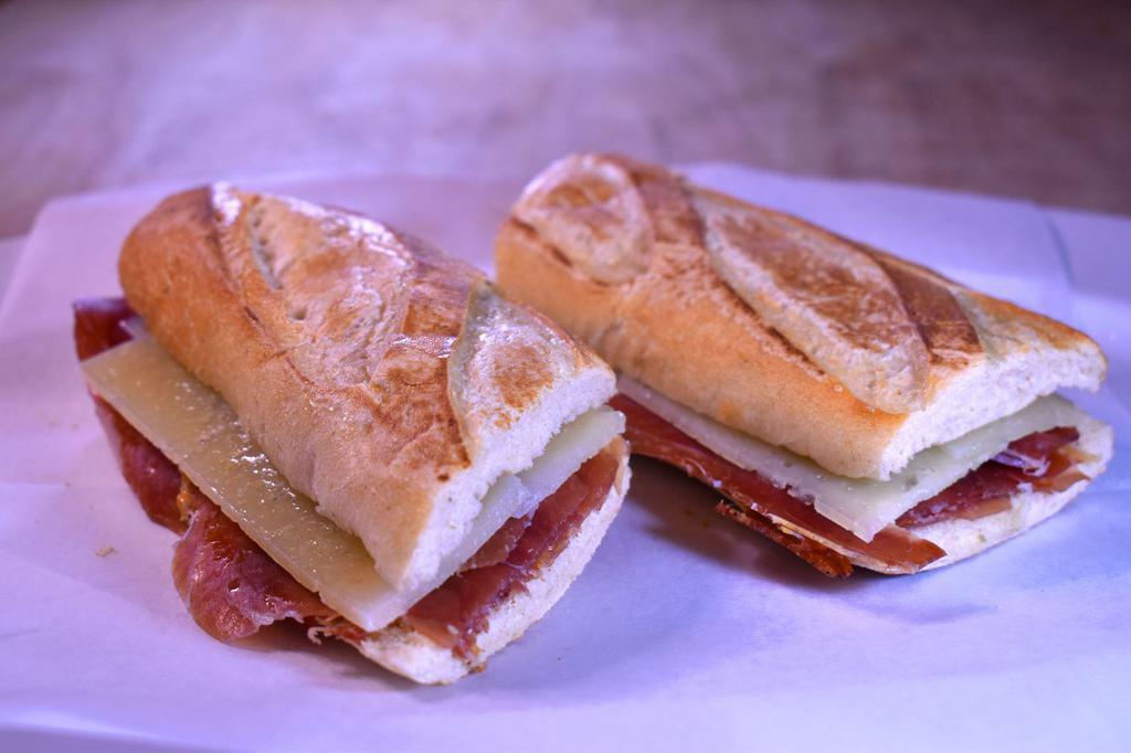 Bocadillo de Jamon y Queso · Serrano Ham and manchego cheese sandwich.