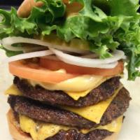 Triple Stacked (1lb.) · 3 Big Patties with Teddy's special sauce, green leaf lettuce, tomatoes, onions and pickles.