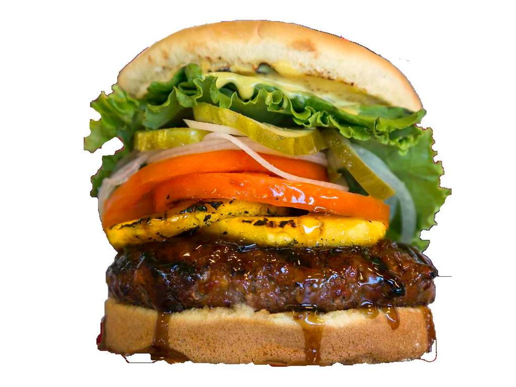 Hawaiian Burger · Teriyaki burger with grilled pineapple.
Also Comes with Teddy's special sauce, green leaf lettuce, tomatoes, onions and pickles.