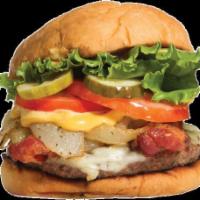 Nom Nom Burger · Garlic seasoning, Swiss, bacon and grilled onions.
Also Comes with Teddy's special sauce, gr...