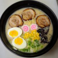 N2. Cha-Shu Ramen · Cha-shu (pork), soft boiled egg, baby corn, mushroom, green onion and narutomaki.