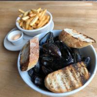 P.E.I. Mussels & Fries · white wine, garlic, butter, lemon & baguette