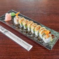 Crunchy Roll · Spicy tuna, and scallops inside with tempura flakes and eel sauce on top.