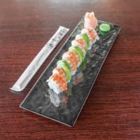 Tiger Roll · California roll with shrimp and avocado on top.