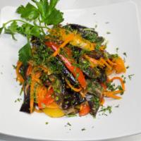 6. Eggplant Salad · Fried eggplants, roasted peppers, red onions, and cilantro.