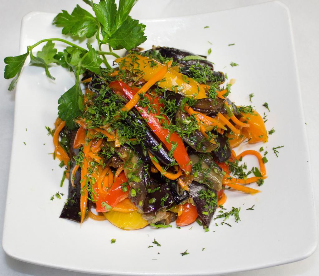 6. Eggplant Salad · Fried eggplants, roasted peppers, red onions, and cilantro.