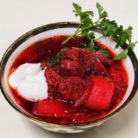 9. Borscht Soup · Soup with beef, beetroot, and vegetables.