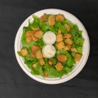 Caesar Salad · Fresh cut romaine hearts, premium croutons, Caesar dressing, and Parmesan cheese.