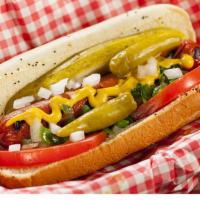 Chicago Hot Dog · Vienna beef hot dog, mustard, relish, onions, tomatoes, pickle, sport peppers, and celery sa...