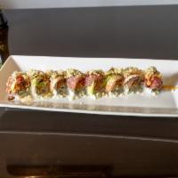 Angel Special Roll · Spicy salmon crunchy cucumber topped with pepper tuna and shrimp and avocado, eel sauce and ...
