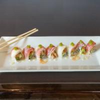 Bonzai Special Roll · Spicy yellowtail, jalapeno avocado topped with white tuna and tuna wasabi tobiko, wasabi may...