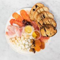 Meat & Cheese Board Plate · Brie, goat cheese, Parmigiano Reggiano, prosciutto, spicy salami and rosemary ham. Served wi...