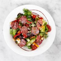 The Italian Salad · Mixed greens, romaine hearts, Neapolitan salami, bell peppers, grape tomatoes, cucumbers, re...