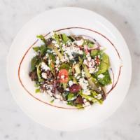 Greek Salad · Mixed greens, baby spinach, grape tomatoes, feta, Kalamata olives, red onions, cucumbers. To...