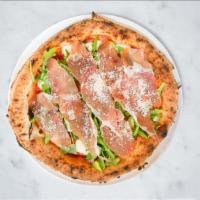 Margherita & Prosciutto Pizza · Italian tomato sauce, fresh mozzarella, Parmesan cheese, basil and olive oil. Topped with ar...