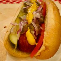 Chicago Style Dog · Mustard, relish, onion, tomato and pickle spear.