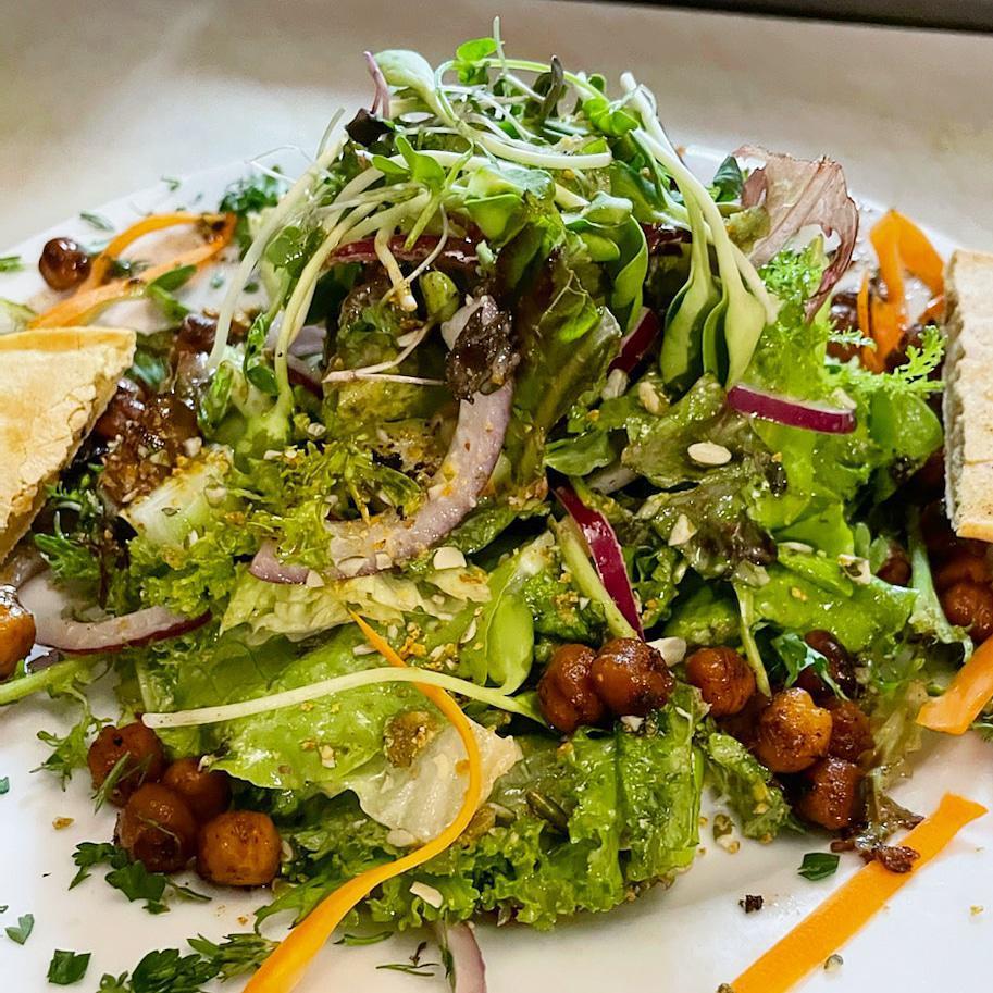 House Green Salad (Vegan & Gluten Free) · HOUSE GREEN SALAD - (GF)
baby kale, spicy greens, mint, sprouts,
cucumber, red onion
& seasoned garbanzo beans tossed in a lemon ginger house vinaigrette served with gluten free toast