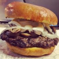 Shroom Burger · Swiss Cheese - Half Pound Angus Beef Patty - Grilled Shrooms - Grilled Onions