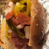 Chicago Dog · 1/4 lb. Vienna Beef on Freshly Baked Sesame Bun - Mustard - Relish - Diced Onion & Tomato - ...