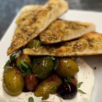 Marinated Olives · Kalamata, Alfonso & Picholine olives, za'atar flatbread, lebni, sumac