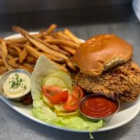 Buttermilk Fried Chicken Sando · Lettuce, tomato, dill pickles, mayo, hand-cut fries, on a griddled A&J King brioche bun