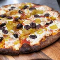 Spicy Olive & Banana Pepper Pizza · Red pie. Kalamata olives, fresh garlic, wild Greek oregano