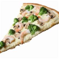 Alfredo Shrimp Pizza Slice · With alfredo sauce, mozzarella cheese, mushrooms, fresh basil, and sun-dried tomatoes. Each ...