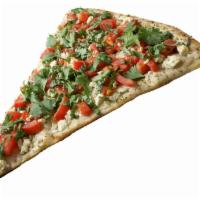 Allen Pizza Slice · With extra thin crust, white sauce, feta cheese, diced tomatoes, oregano, fresh cilantro, an...