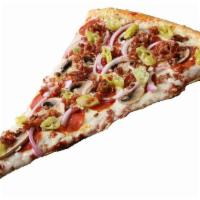 Aro Pizza Slice · Tomato sauce, mozzarella cheese, white sauce, pepperoni, mushrooms, red onions, bacon strips...