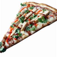 BBQ Chicken Pizza Slice · Mozzarella cheese, BBQ sauce, red onions, red peppers, and cilantro. Each pizza slice is equ...