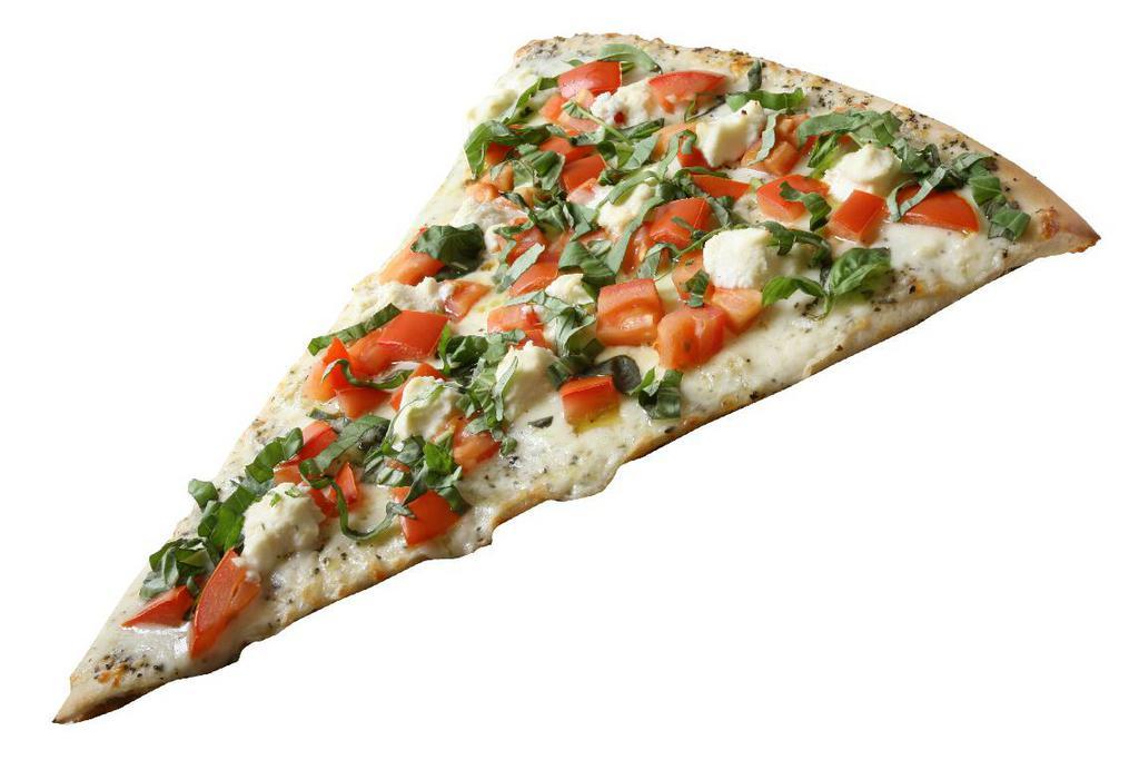 Margarita Pizza Slice · With white sauce, mozzarella cheese, fresh tomatoes, ricotta cheese, and fresh basil. Each pizza slice is equal in size to 3 regular pizza slices.