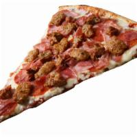 Meat Lovers Pizza Slice · Homemade tomato sauce, mozzarella cheese, pepperoni, salami, Canadian bacon, mortadella, sau...