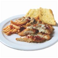 Chicken Parmigiana with Penne · Penne, marinara sauce, Parmesan and mozzarella cheese. Served with garlic bread.