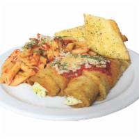 Eggplant Parmigiana Cheese Rolls with Penne · With penne, marinara sauce, Parmesan and mozzarella cheese. Served with garlic bread.