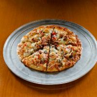 Funky Chicken Pizza · Oven roasted chicken and mozzarella cheese on a bed of our very own Alfredo sauce. Topped wi...