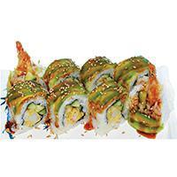 26. Green Dragon Sushi · Shrimp tempura, crab, cucumber topped with avocado and sauce.