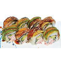 31. Caterphilla Sushi · Crab, avocado, cucumber topped with eel, avocado and sauce.