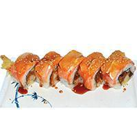 6. 49ers Sushi · Shrimp tempura, spicy tuna, cucumber topped with salmon, lemon and sauce.