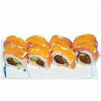 16. Almaden Sushi  · Avocado, Cucumber,  Spicy Tuna topped with Tuna, Salmon, Shrimp, Orange,
Tobiko & Sauce