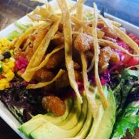 Fried Shrimp Salad  · Sriracha fried shrimp piled up high on a bed of red cabbage slaw, spring mix tossed in cream...