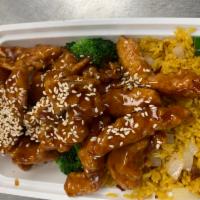 C10. Sesame Chicken Combination Platter · Served with choice of rice and side.